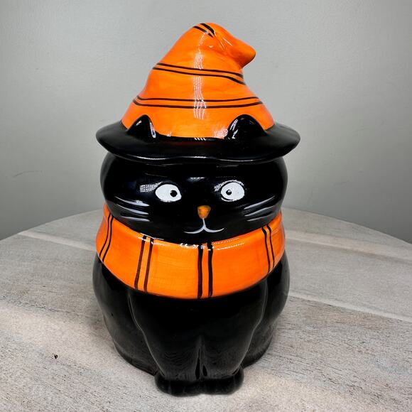 Lang Black Cat Halloween Cookie Jar Ceramic Orange Hat Scarf Fall Kitchen Decor - Picture 7 of 16
